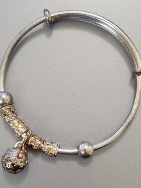 Silver Bangle with Gold Accents and Ball Dangle Bracelet